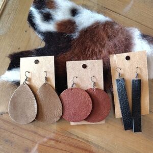 Real Leather Hide Earrings Set of 3 chestnut brown, light brown, and black